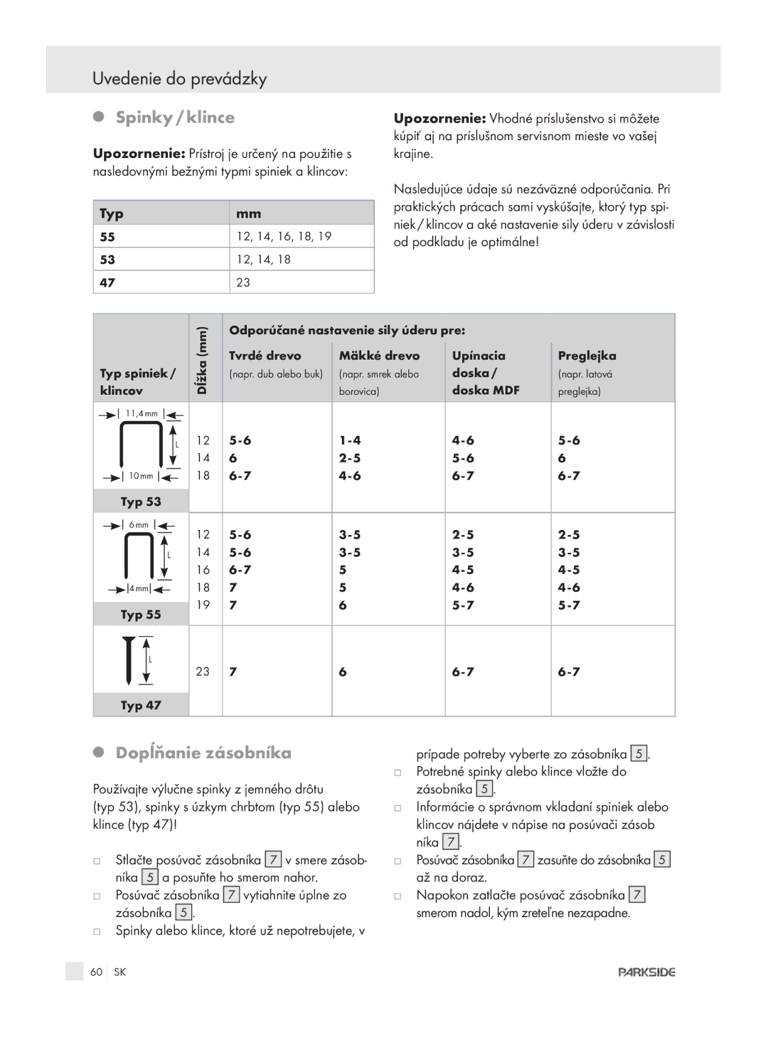 Kompernass PET 23 VARIO manual Uvedenie do prevádzky, Spinky / klince, Dopĺňanie zásobníka 